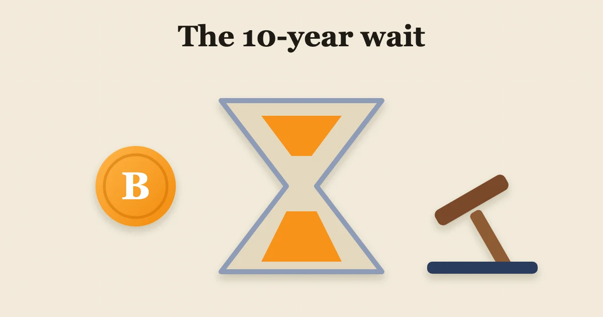 Illustration: a coin, an hourglass and a gavel for the long wait for spot Bitcoin ETFs.