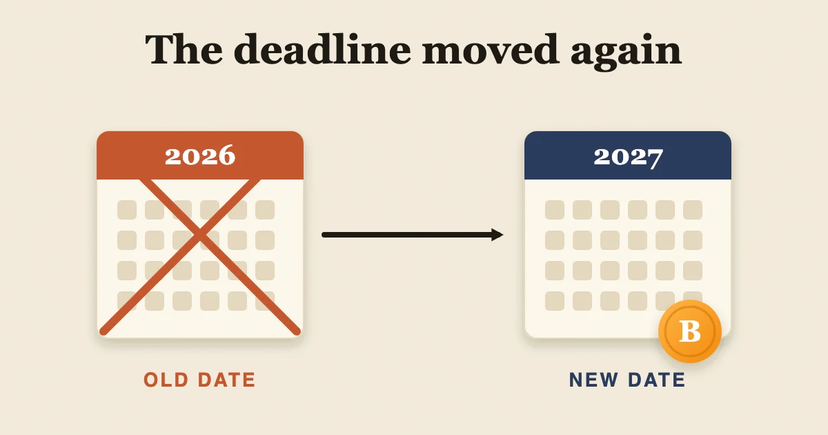 Illustration: a calendar for 2026 crossed out, with an arrow to a calendar for 2027 and a Bitcoin coin.