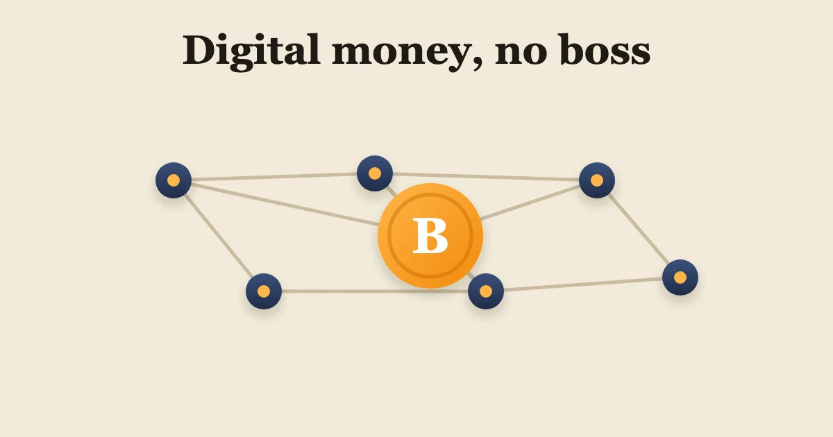 Illustration: a Bitcoin coin at the center of a network of computers with no boss.