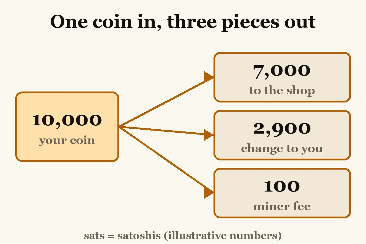 Diagram: one 10,000 satoshi coin splits into a 7,000 payment, 2,900 change back to you and a 100 miner fee (illustrative numbers)